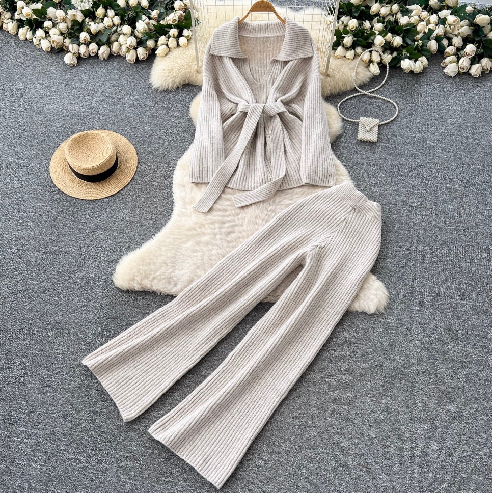 Lapeled Knitwear & Trousers Thermal 2Pcs