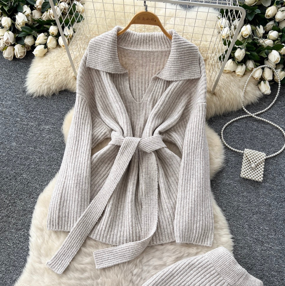 Lapeled Knitwear & Trousers Thermal 2Pcs
