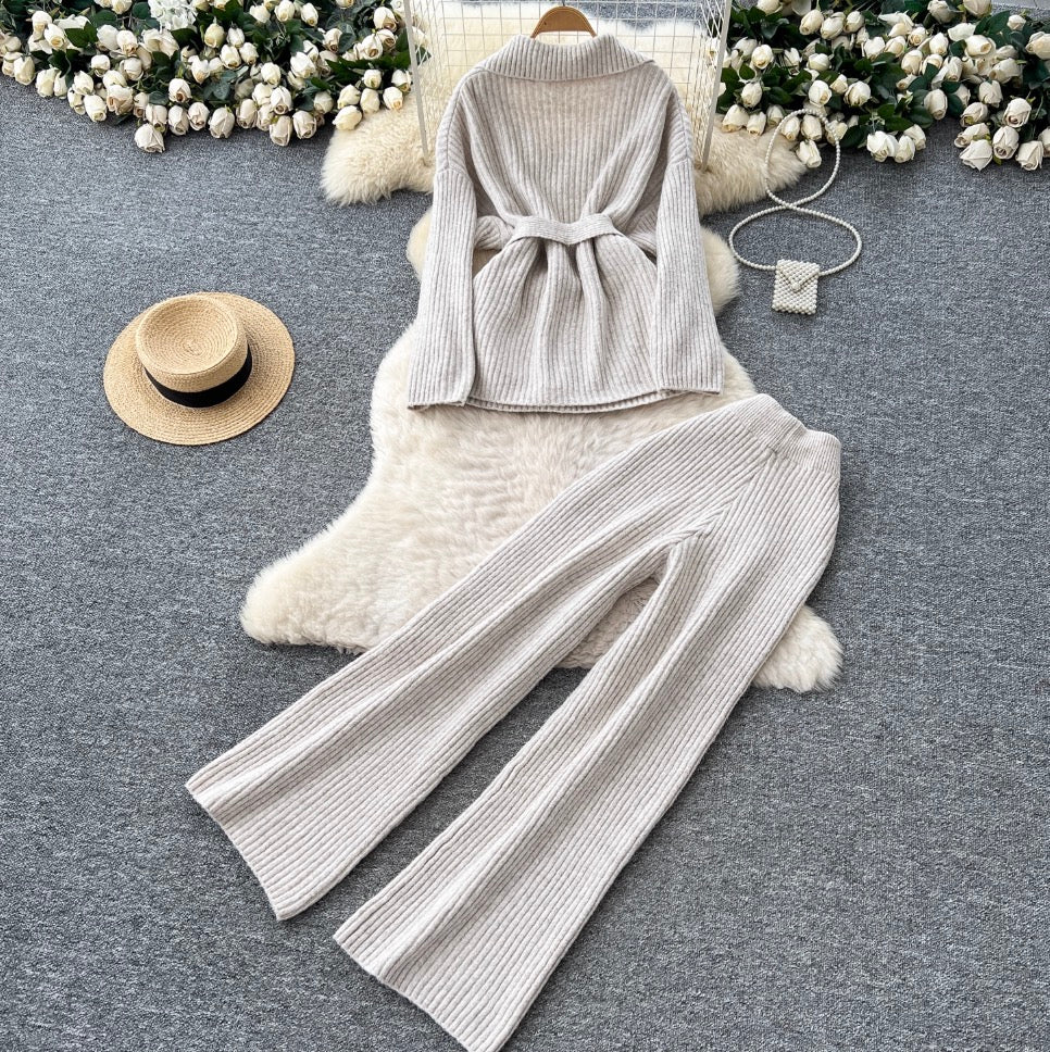 Lapeled Knitwear & Trousers Thermal 2Pcs