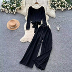 Back Hollowed Top & Trousers Casual 2Pcs