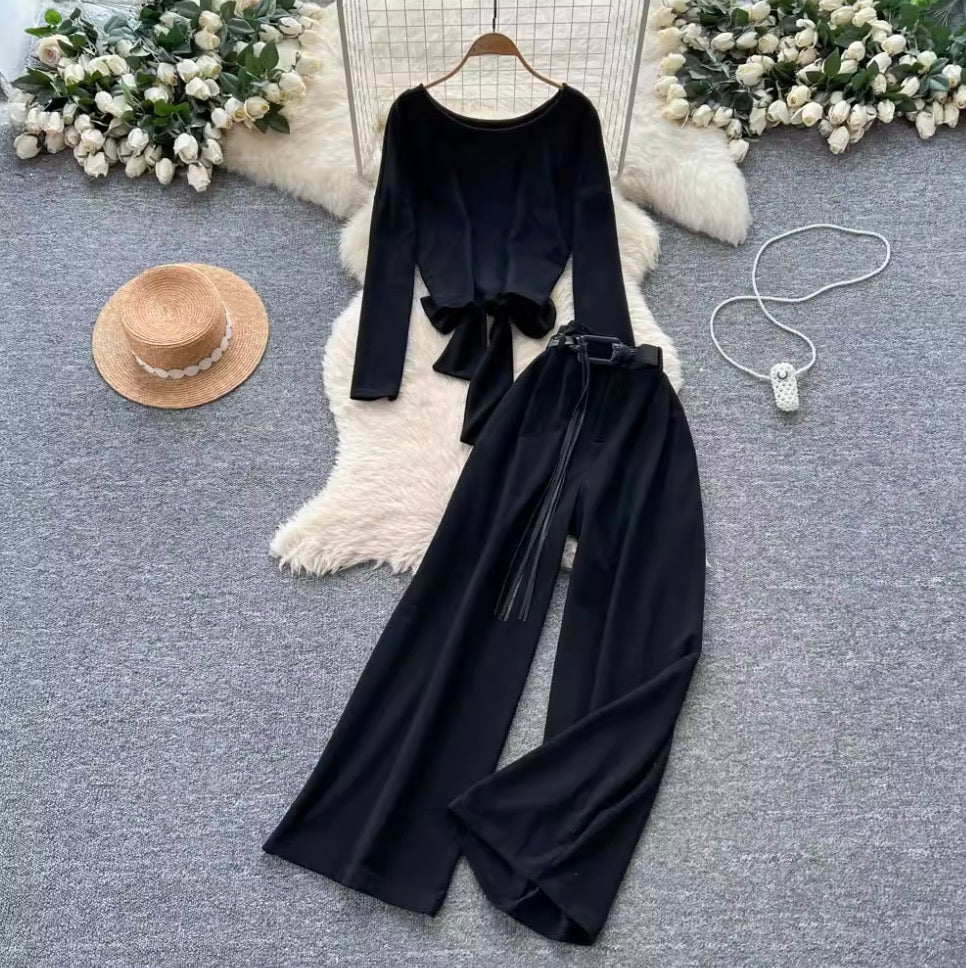 Back Hollowed Top & Trousers Casual 2Pcs