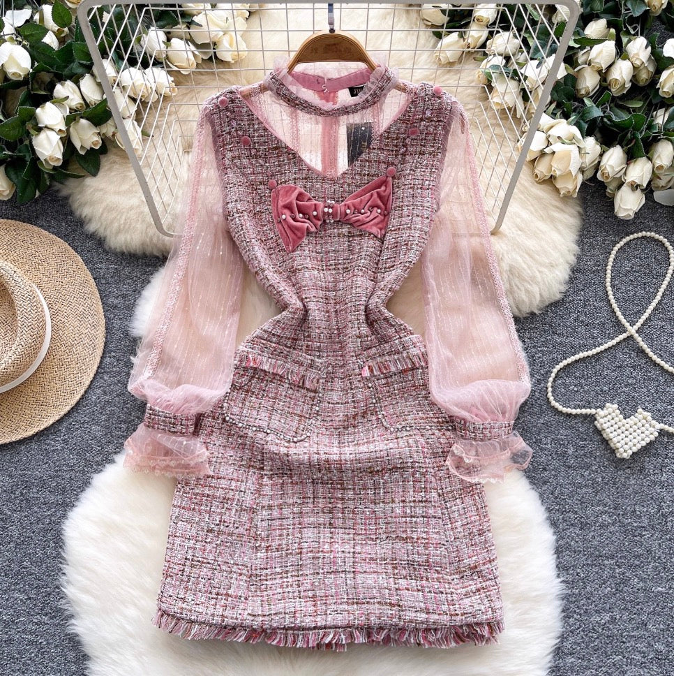 Bow-tie Pink Mesh Patchwork Dress