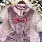 Bow-tie Pink Mesh Patchwork Dress