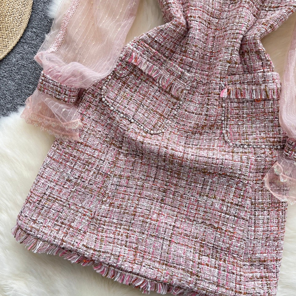 Bow-tie Pink Mesh Patchwork Dress