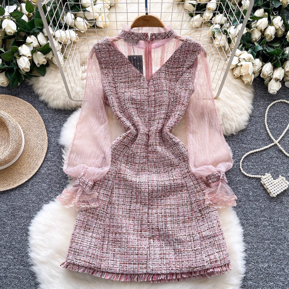 Bow-tie Pink Mesh Patchwork Dress