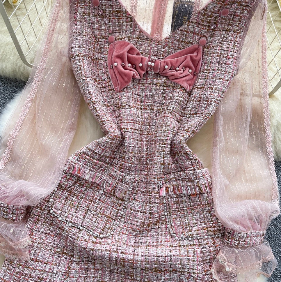 Bow-tie Pink Mesh Patchwork Dress
