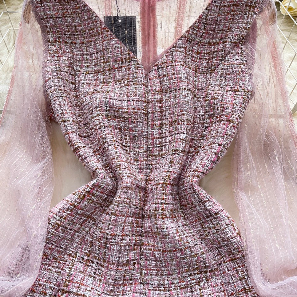 Bow-tie Pink Mesh Patchwork Dress