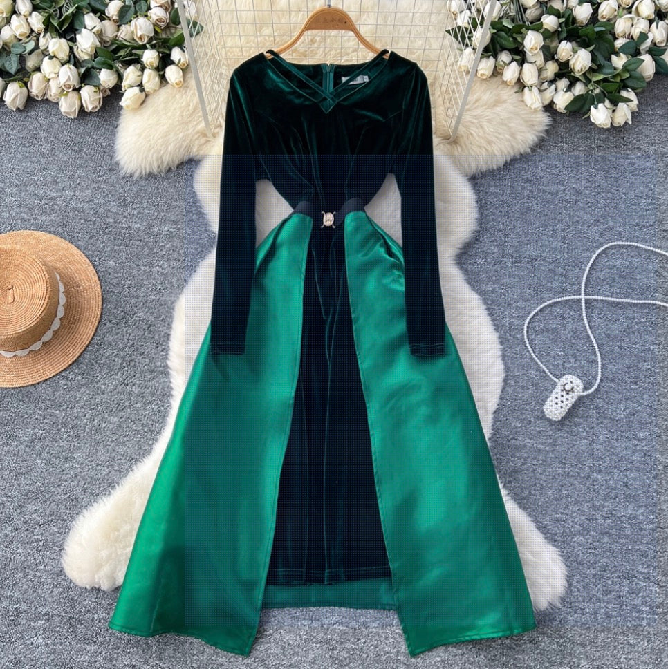 Green Suede Patchwork Party Dress