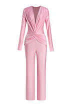 Solid V-Neck Knotted Top & High Waist Pants Set