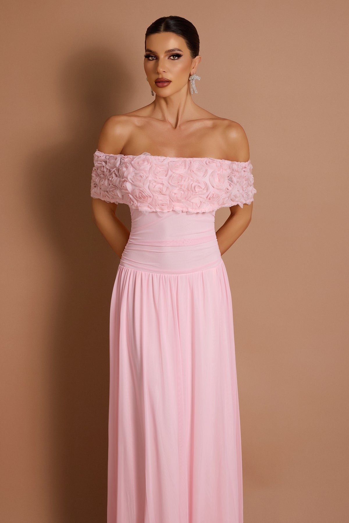 Solid 3D Flower Off-Shoulder Maxi Dress
