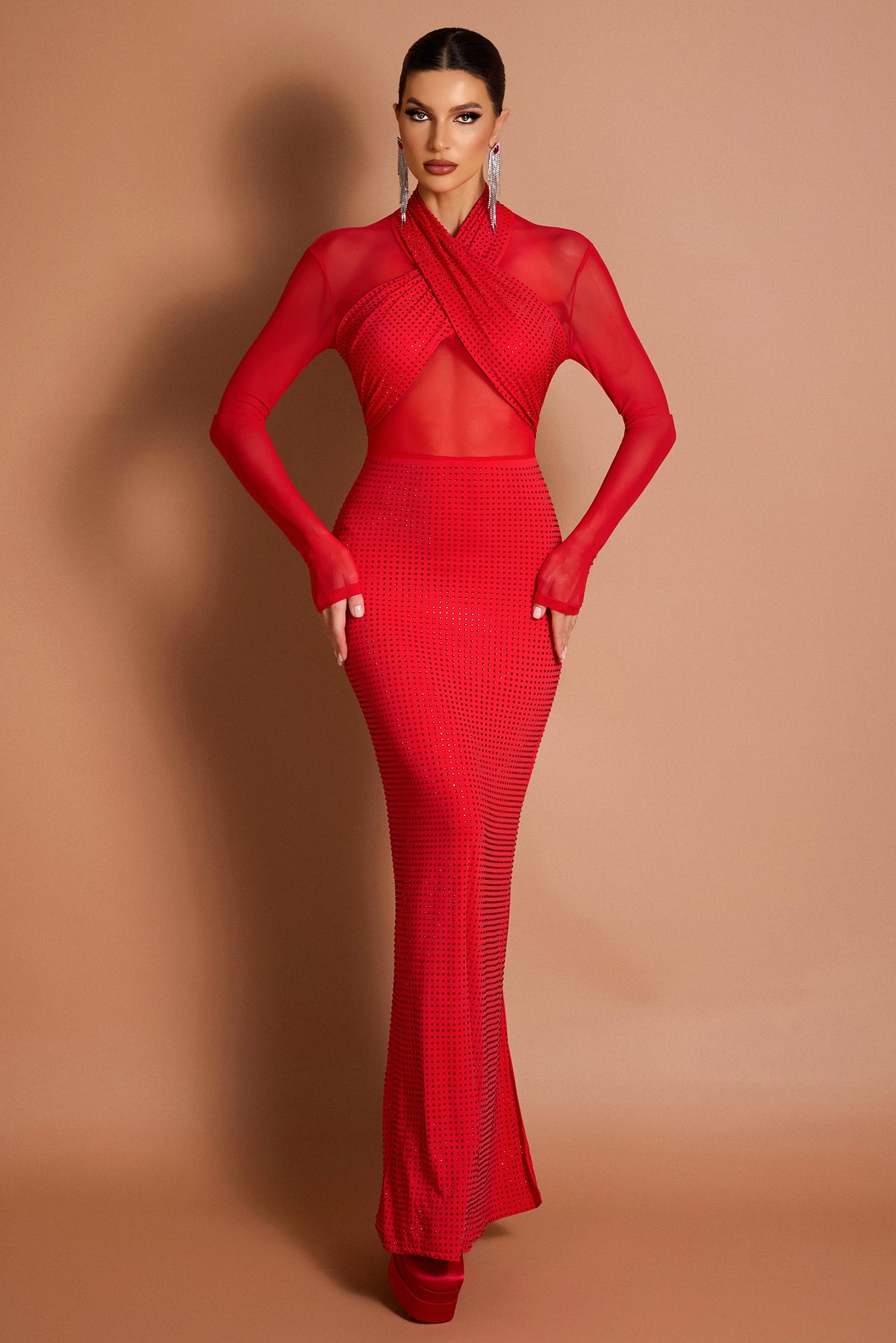 Rhinestone Mesh See-Through Midi Dress