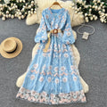 V-neck Floral Print Blue Dress