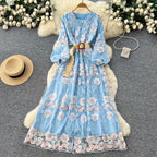 V-neck Floral Print Blue Dress
