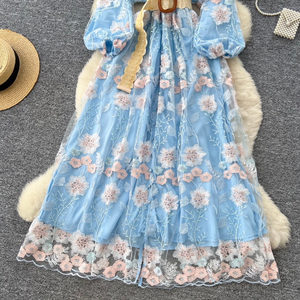 V-neck Floral Print Blue Dress