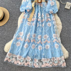 V-neck Floral Print Blue Dress
