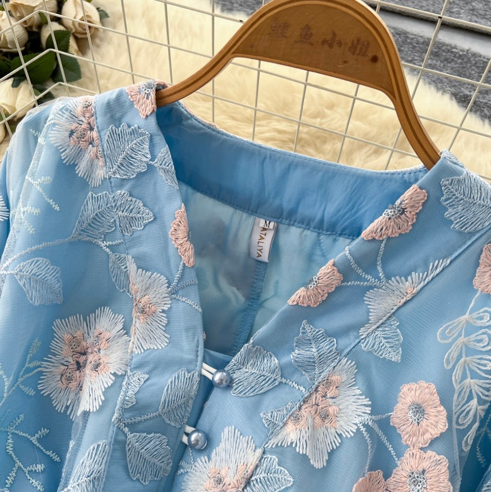 V-neck Floral Print Blue Dress