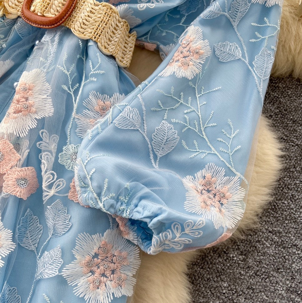 V-neck Floral Print Blue Dress