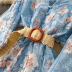 V-neck Floral Print Blue Dress
