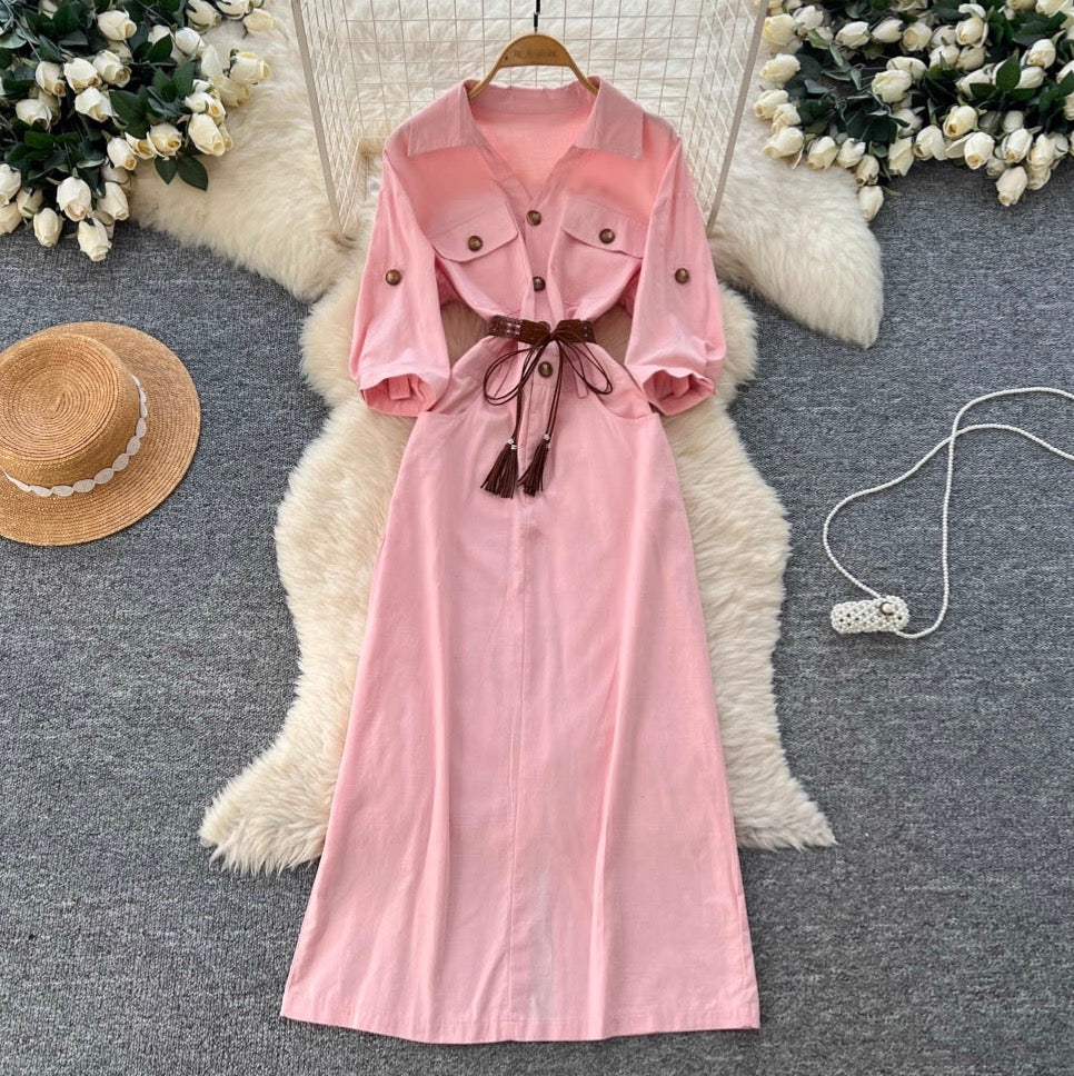 Casual Fifth-sleeve Pink Shirt Dress