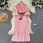 Casual Fifth-sleeve Pink Shirt Dress