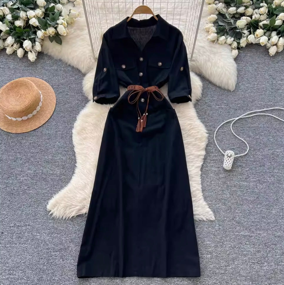 Casual Fifth-sleeve Pink Shirt Dress