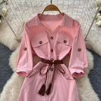Casual Fifth-sleeve Pink Shirt Dress