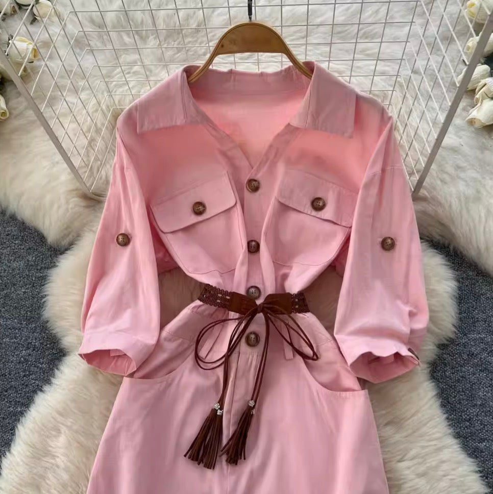 Casual Fifth-sleeve Pink Shirt Dress