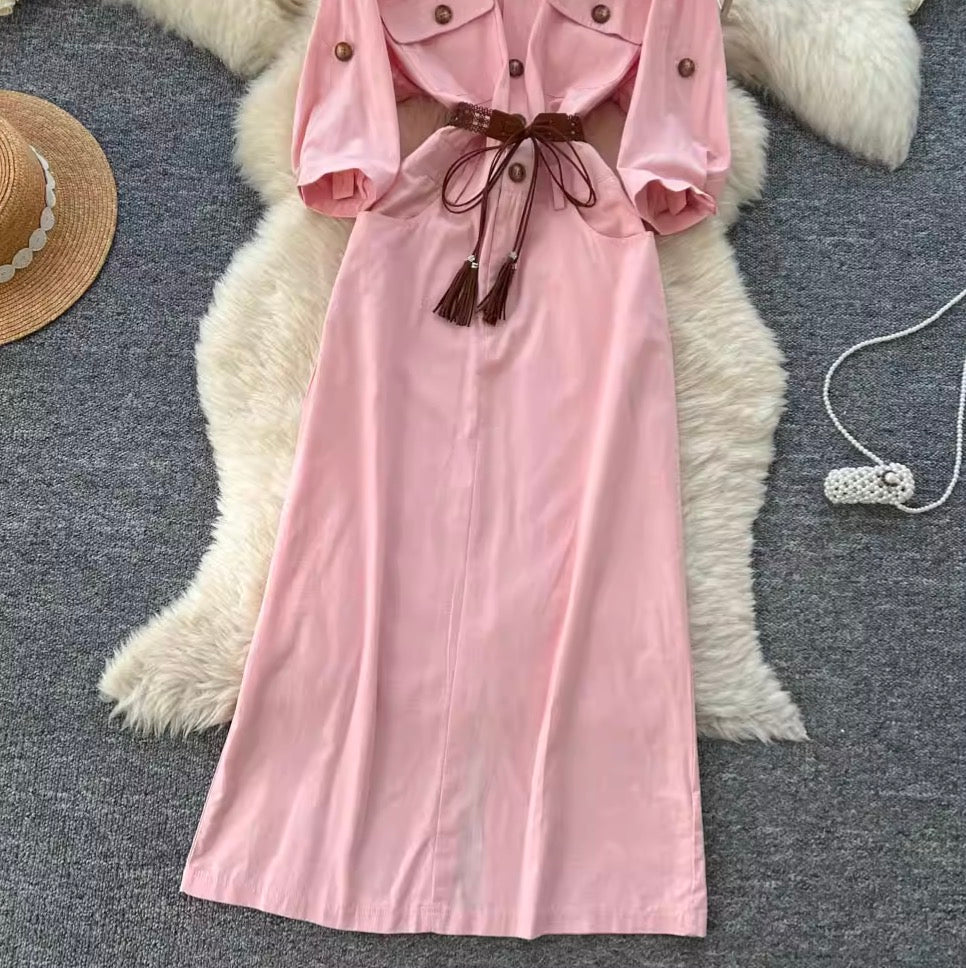 Casual Fifth-sleeve Pink Shirt Dress