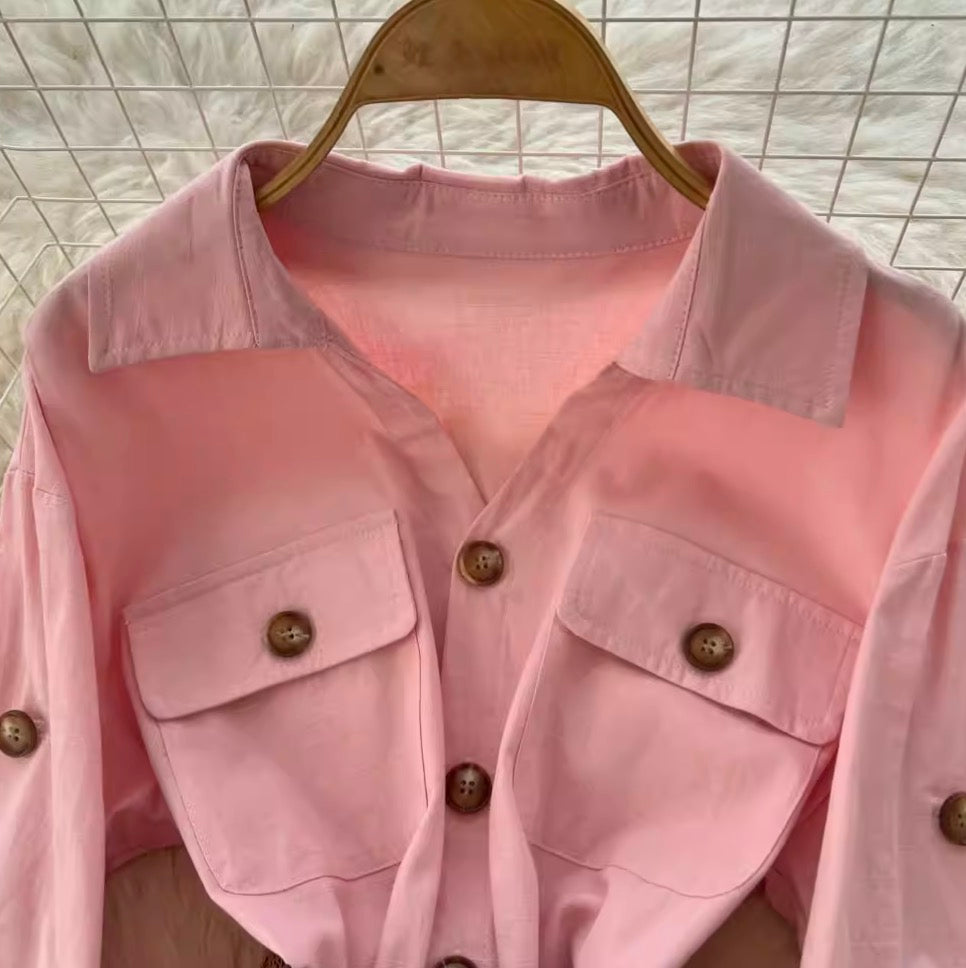 Casual Fifth-sleeve Pink Shirt Dress