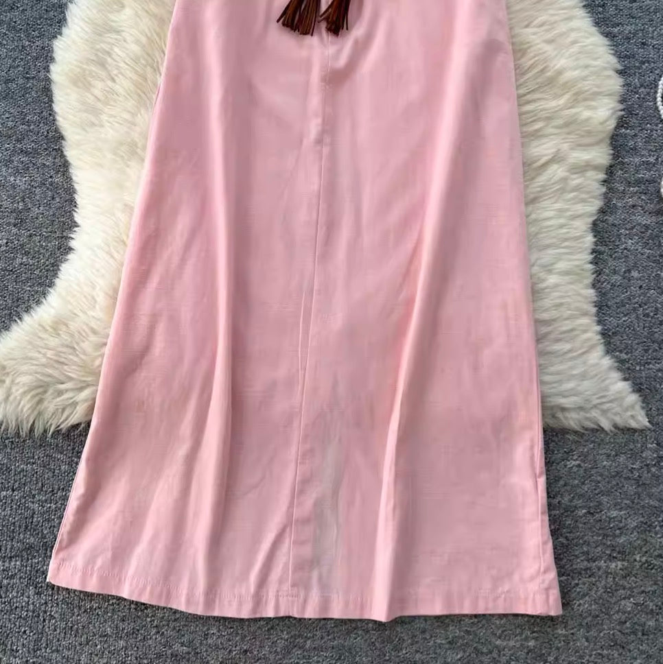 Casual Fifth-sleeve Pink Shirt Dress