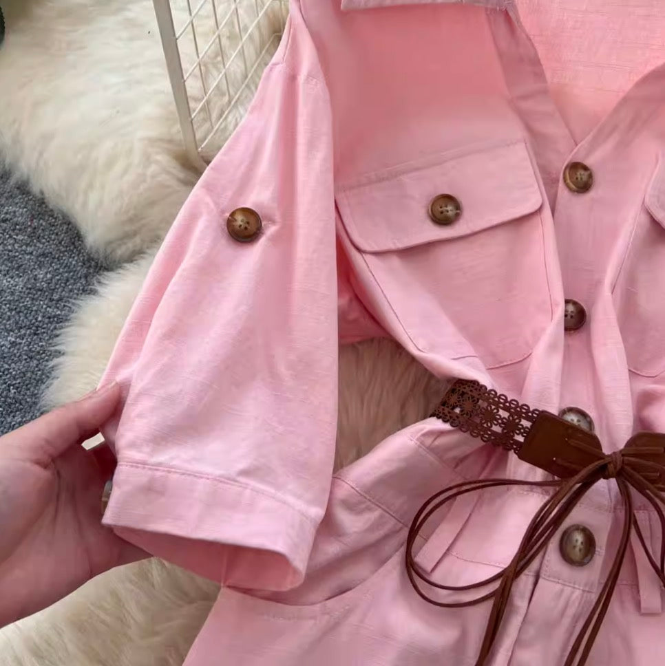 Casual Fifth-sleeve Pink Shirt Dress