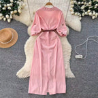 Casual Fifth-sleeve Pink Shirt Dress
