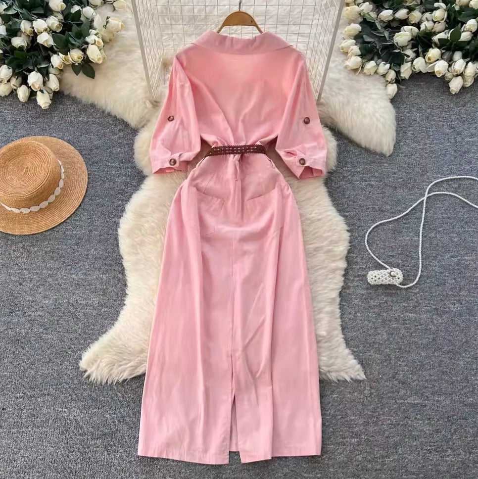Casual Fifth-sleeve Pink Shirt Dress