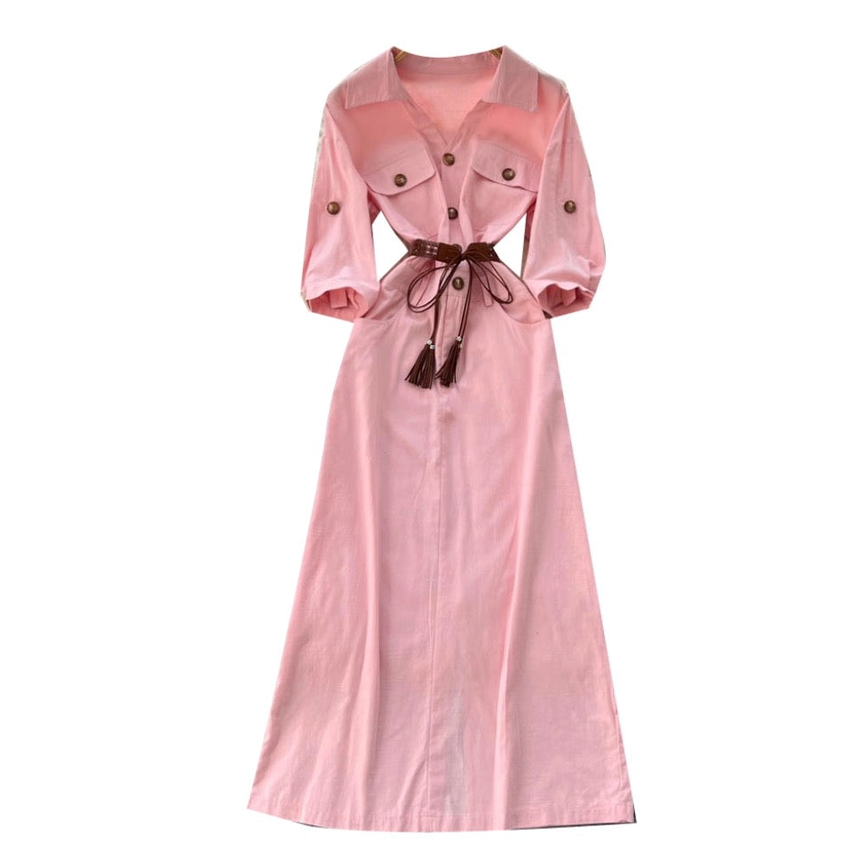Casual Fifth-sleeve Pink Shirt Dress