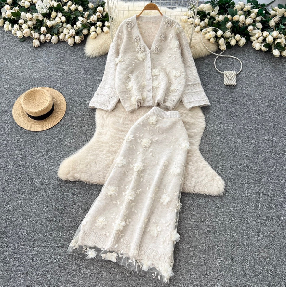 3d Embroidery Cardigan & Skirt 2Pcs
