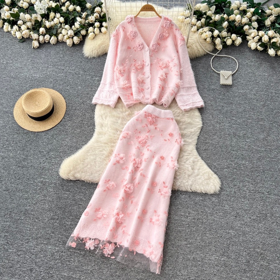 3d Embroidery Cardigan & Skirt 2Pcs