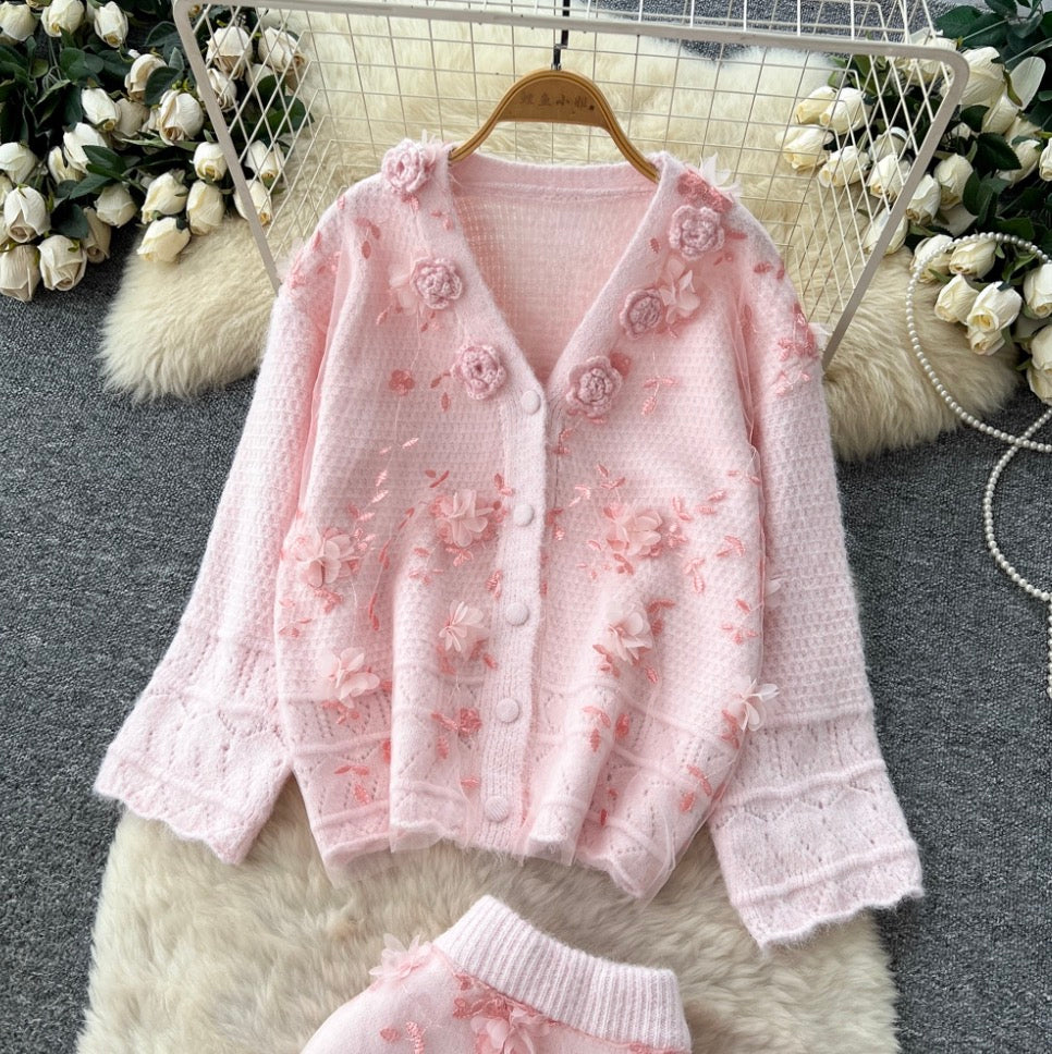 3d Embroidery Cardigan & Skirt 2Pcs