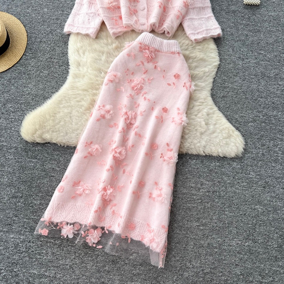 3d Embroidery Cardigan & Skirt 2Pcs