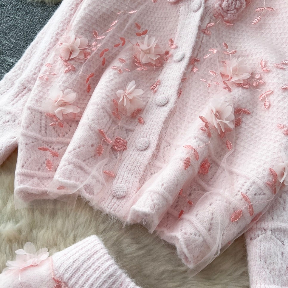 3d Embroidery Cardigan & Skirt 2Pcs