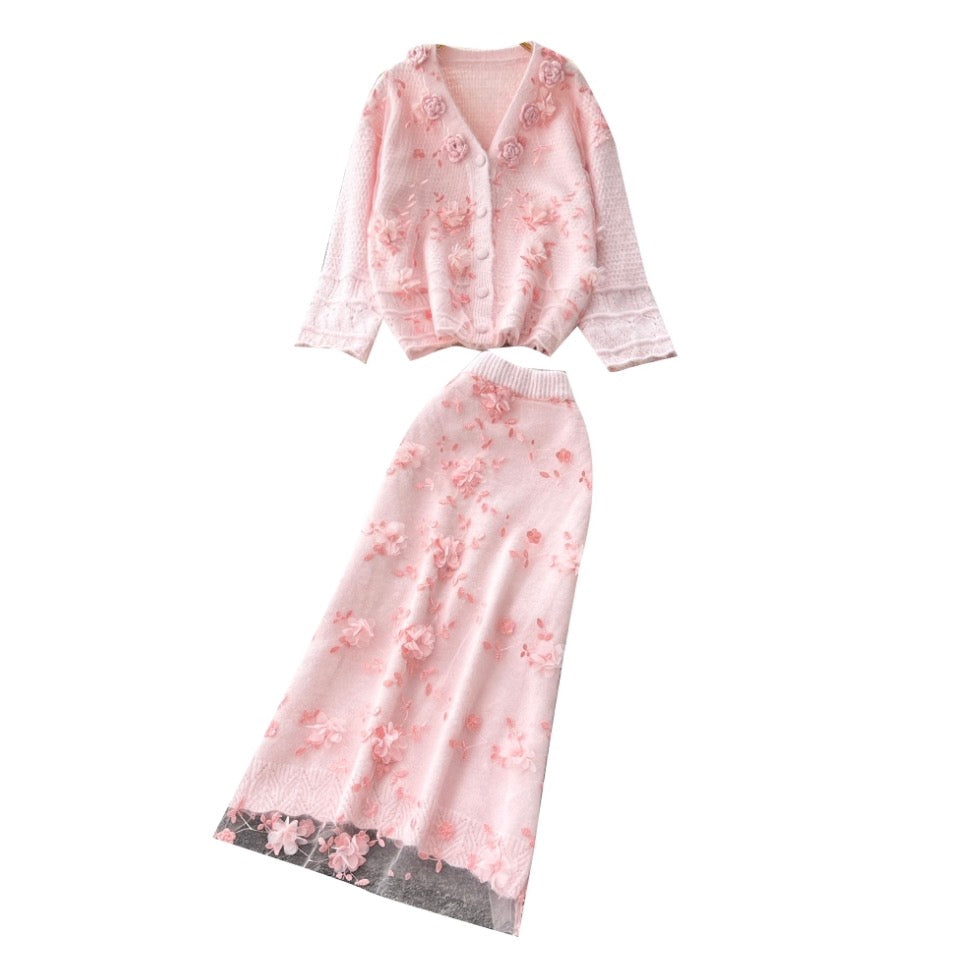 3d Embroidery Cardigan & Skirt 2Pcs