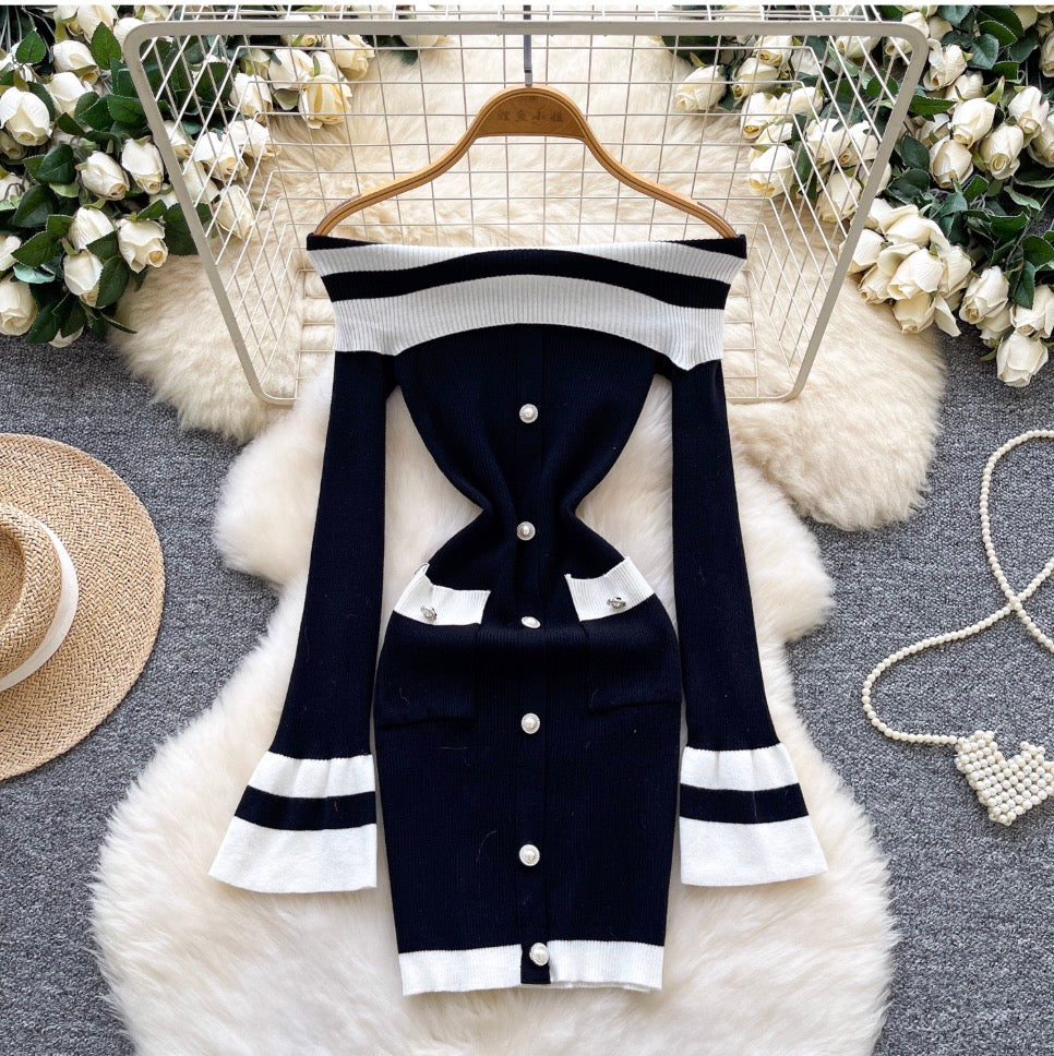 Color-blocking Off-shoulder Knit Dress