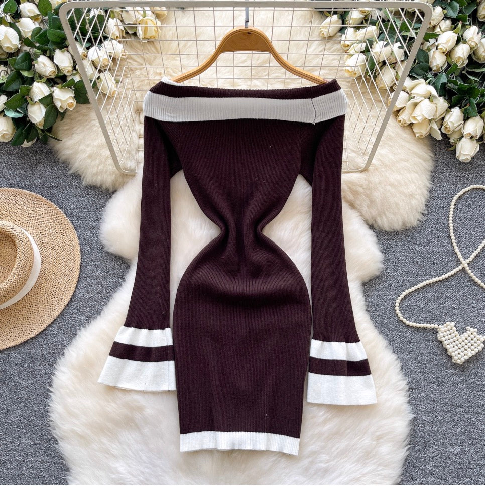 Color-blocking Off-shoulder Knit Dress