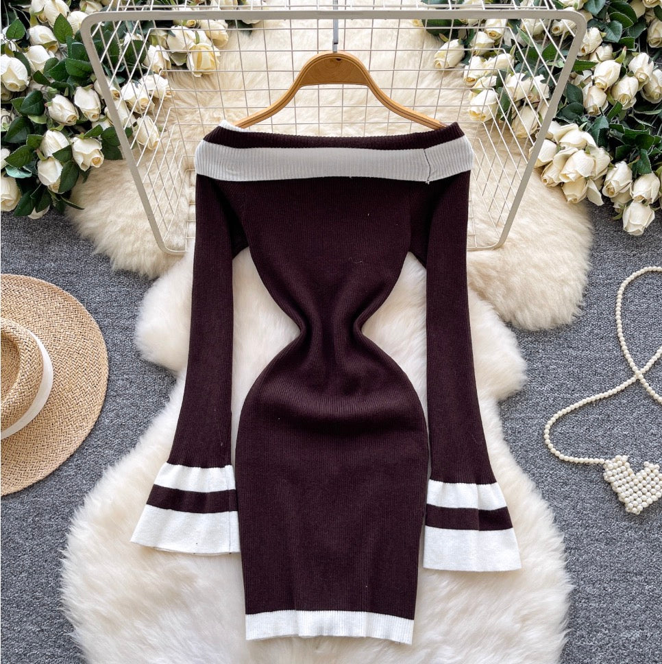 Color-blocking Off-shoulder Knit Dress