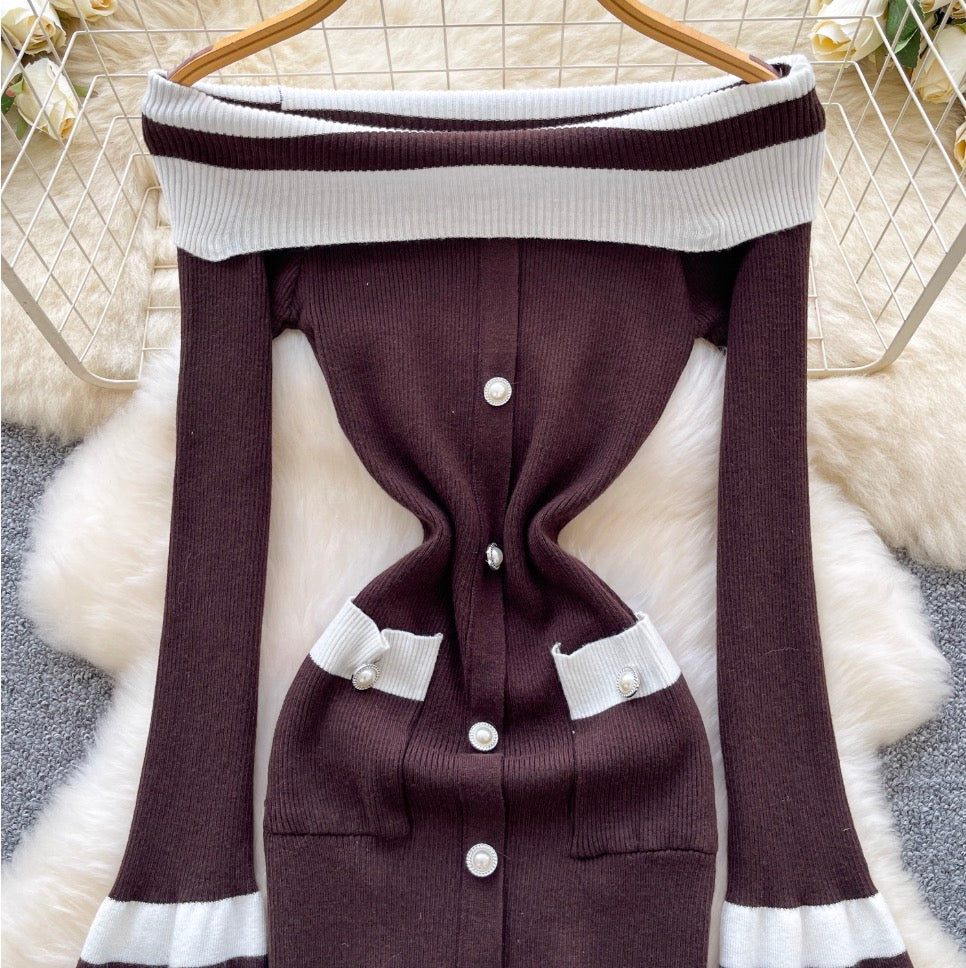 Color-blocking Off-shoulder Knit Dress