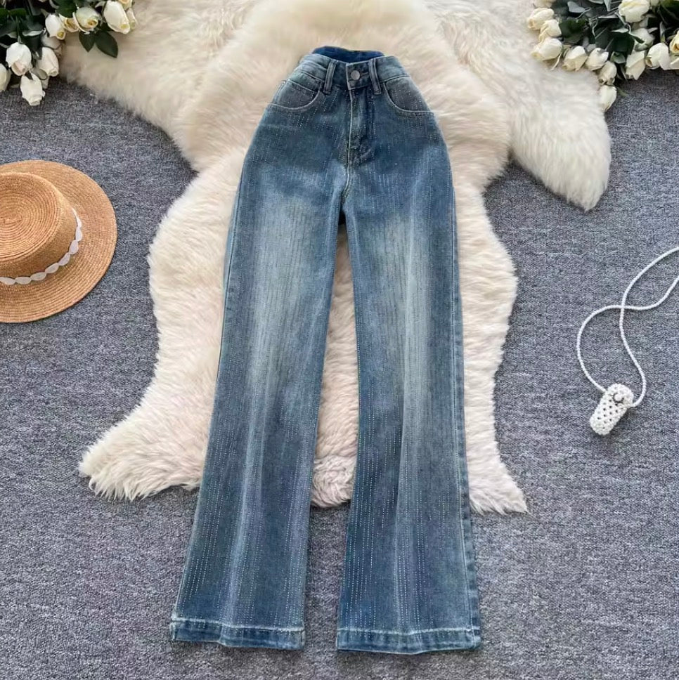 Rhinestone Studded High-waist Jeans