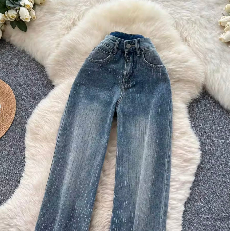 Rhinestone Studded High-waist Jeans