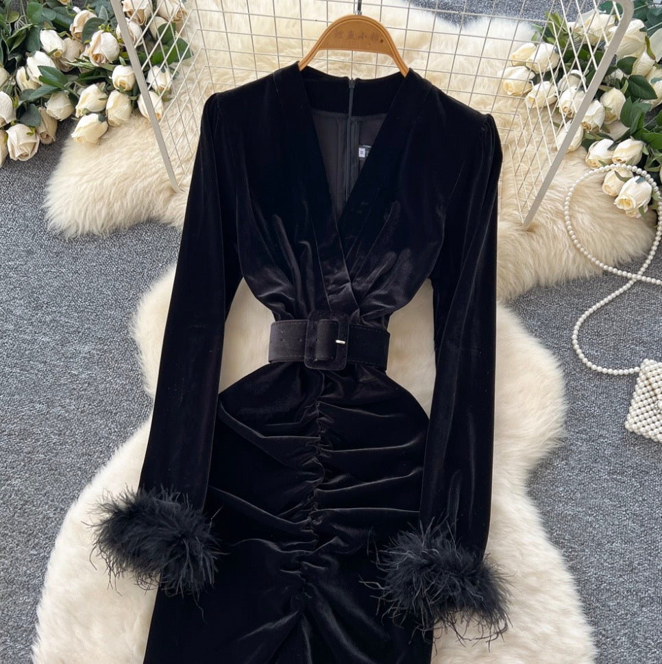 Vintage Black Velvet Split Dress