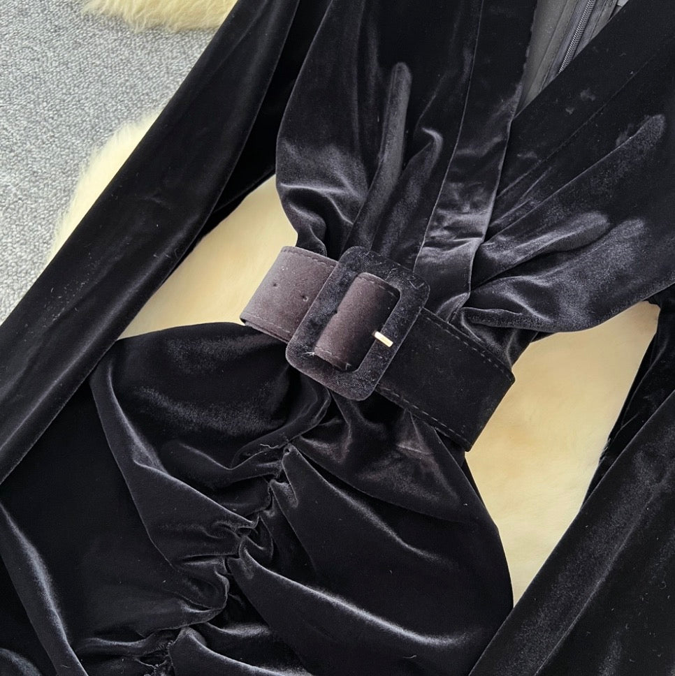 Vintage Black Velvet Split Dress