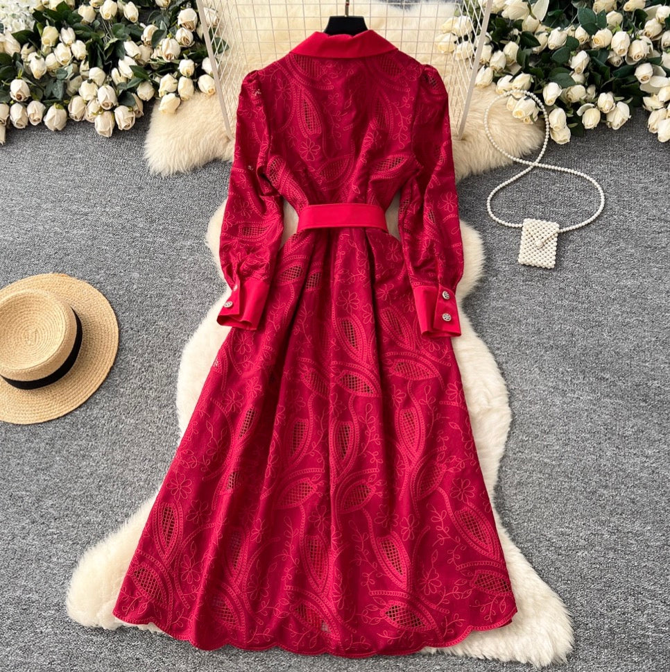 Vintage Lapeled Hollowed Embroidered Dress