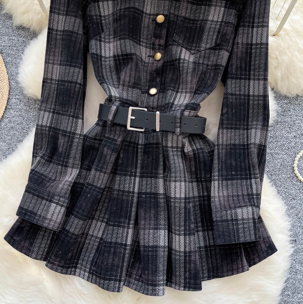 Plaid Pleated Shirt Dress with Belt